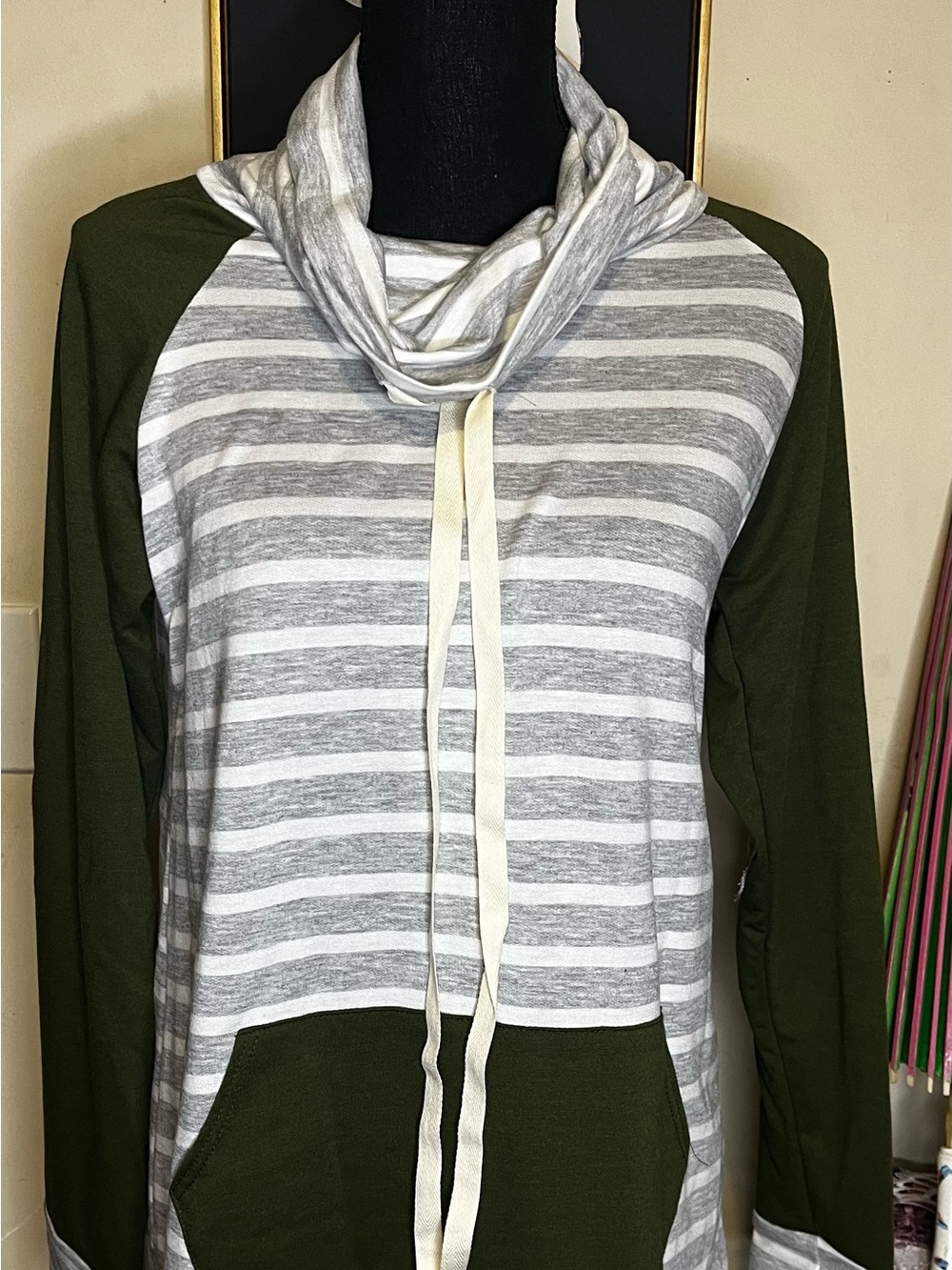 7th Ray Gray Stripe and Olive Cowl-Neck Pullover